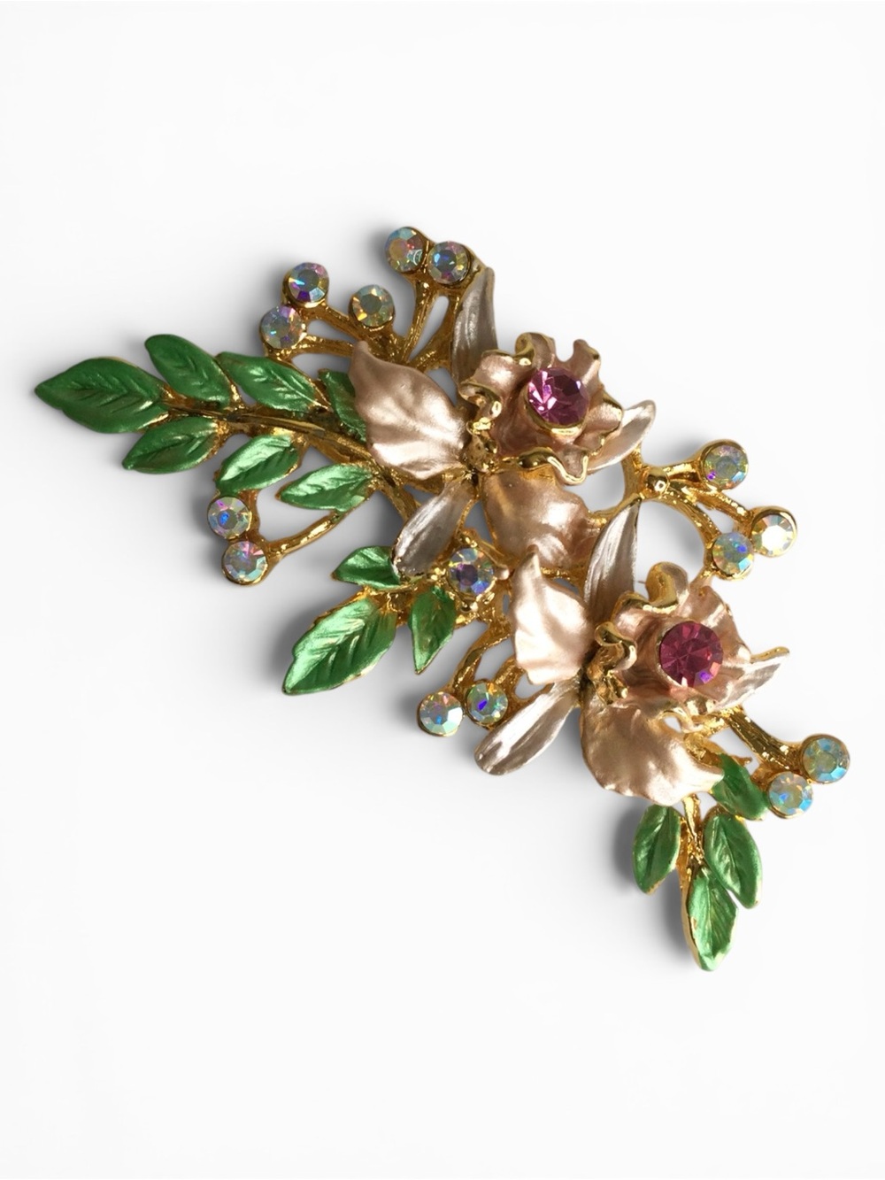 Estate Vtg 1960s Gold‑Tone Enamel Floral Spray Brooch with Pink & AB Rhinestones - Picture 5 of 13